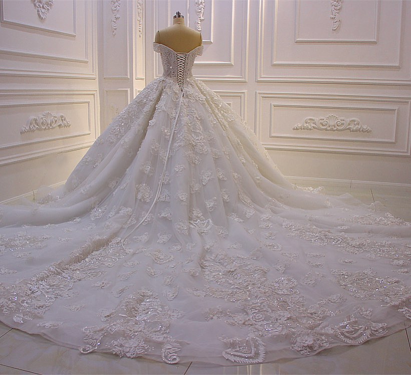 Long A-Line Princess Off-Shoulder Wedding Tulle Lace Dress main image 0