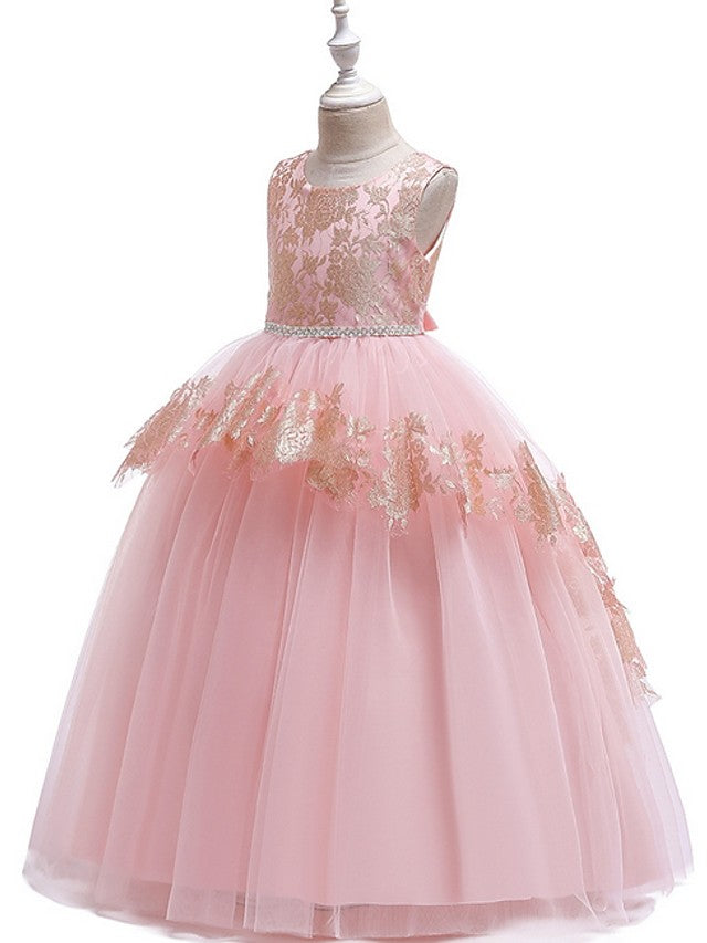 Long Princess Tulle Lace Junior Bridesmaid Dress With Bow-BIZTUNNEL