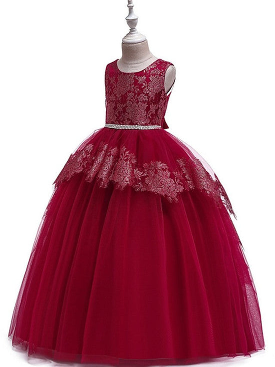 Long Princess Tulle Lace Junior Bridesmaid Dress With Bow-BIZTUNNEL