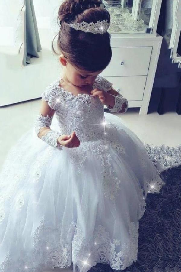 Long Princess Tulle Lace Scoop Neck flower girl dresses with Sleeves-BIZTUNNEL