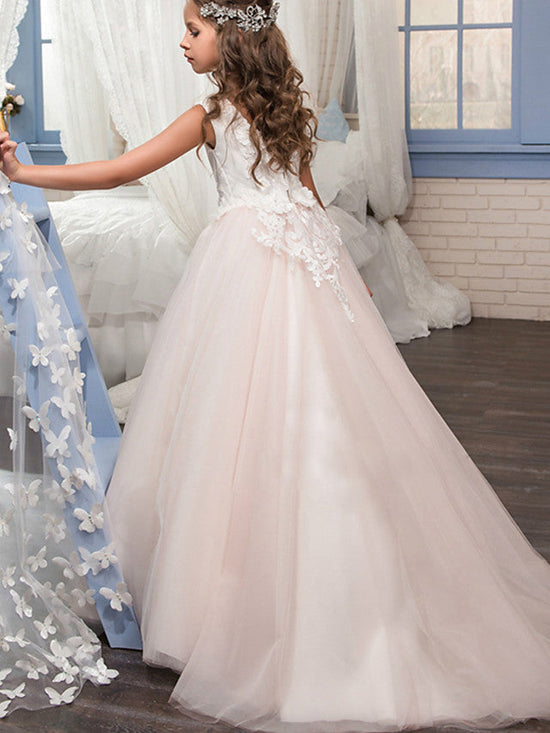 Long Princess Tulle Sleeveless Boat Neck Wedding Birthday Pageant Flower Girl Dresses-BIZTUNNEL