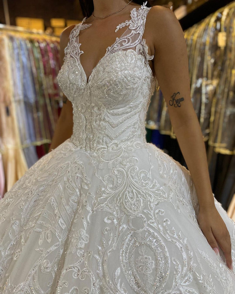 Long Princess V-neck Appliques Lace Backless Wedding Dress  BIZTUNNEL