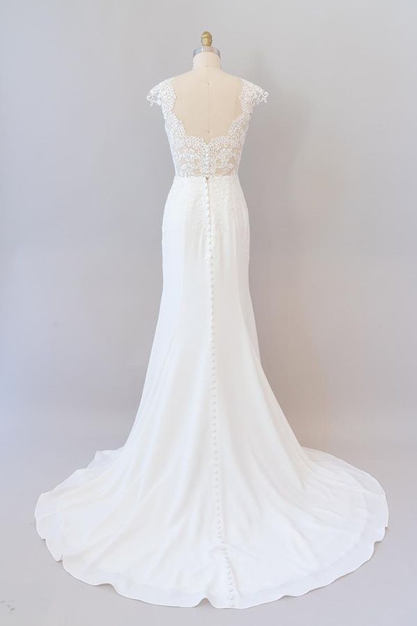 Long Sheath Illusion Lace Wedding Dress with Cap Sleeve-BIZTUNNEL