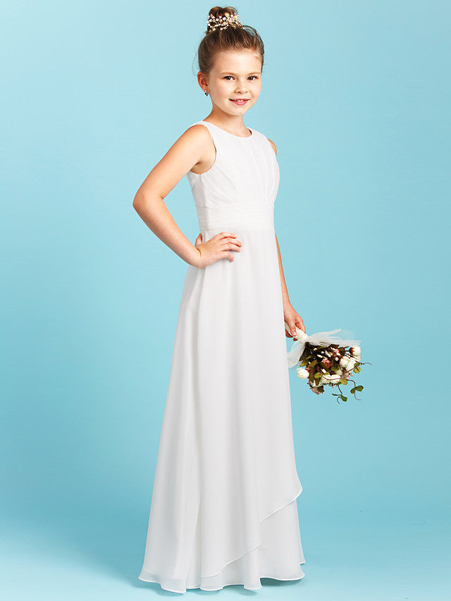 Long Sheath Jewel Neck Flower Girl Dresses Open Back Chiffon Junior Bridesmaid Dress-BIZTUNNEL