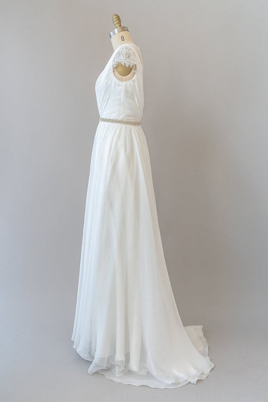 Long Sheath V-neck Lace Chiffon Wedding Dress with Cap Sleeves-BIZTUNNEL
