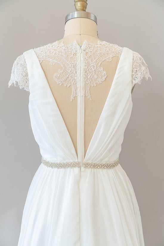 Long Sheath V-neck Lace Chiffon Wedding Dress with Cap Sleeves-BIZTUNNEL