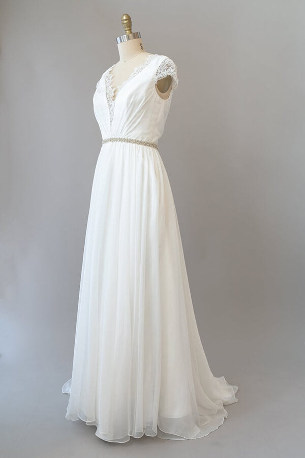 Long Sheath V-neck Lace Chiffon Wedding Dress with Cap Sleeves-BIZTUNNEL
