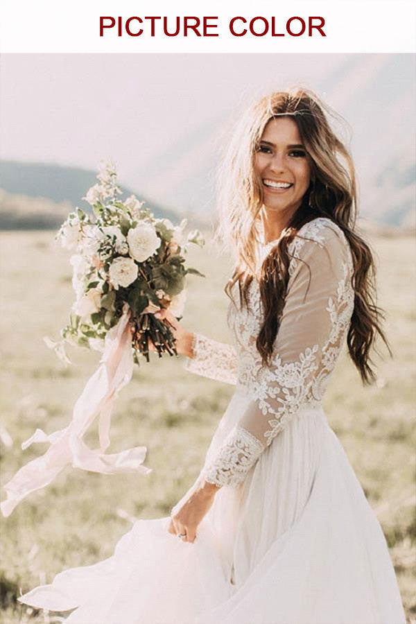 Long Sleeve A-line Appliques Lace Chiffon Wedding Dress-BIZTUNNEL