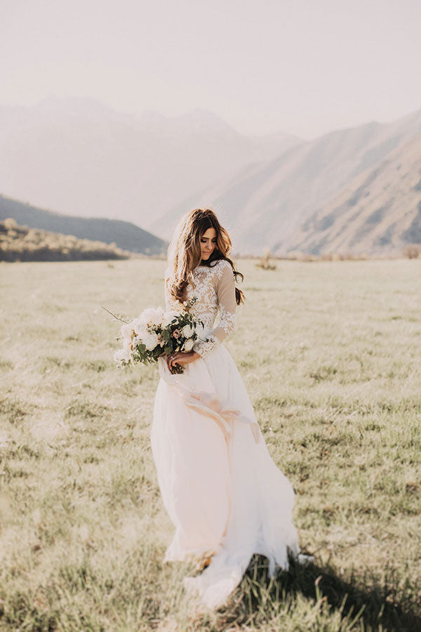 Long Sleeve A-line Appliques Lace Chiffon Wedding Dress-BIZTUNNEL