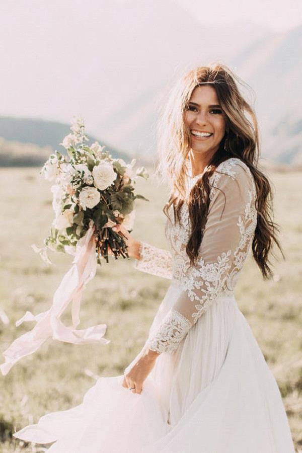 Long Sleeve A-line Appliques Lace Chiffon Wedding Dress BIZTUNNEL Long Sleeve A-line Appliques Lace Chiffon Wedding Dress BIZTUNNEL