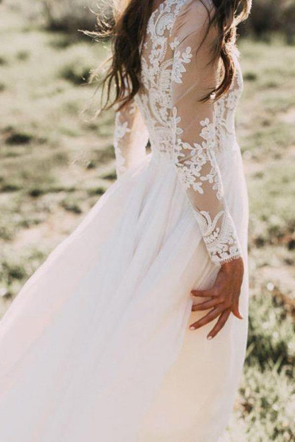 Carregar imagem no visualizador da galeria, Long Sleeve A-line Appliques Lace Chiffon Wedding Dress-BIZTUNNEL

