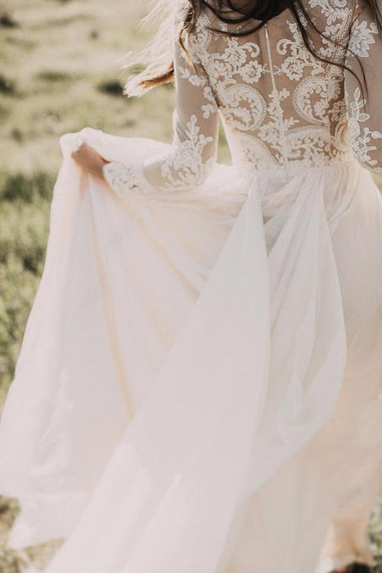 Charger l&amp;#39;image dans la galerie, Long Sleeve A-line Appliques Lace Chiffon Wedding Dress-BIZTUNNEL
