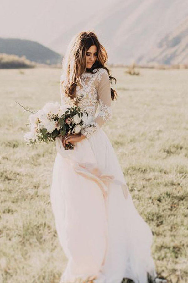 Carregar imagem no visualizador da galeria, Long Sleeve A-line Appliques Lace Chiffon Wedding Dress-BIZTUNNEL
