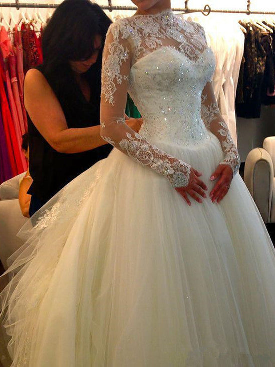 Long Sleeve A-Line Jewel Neck Court Train Lace Tulle Wedding Dresses-BIZTUNNEL