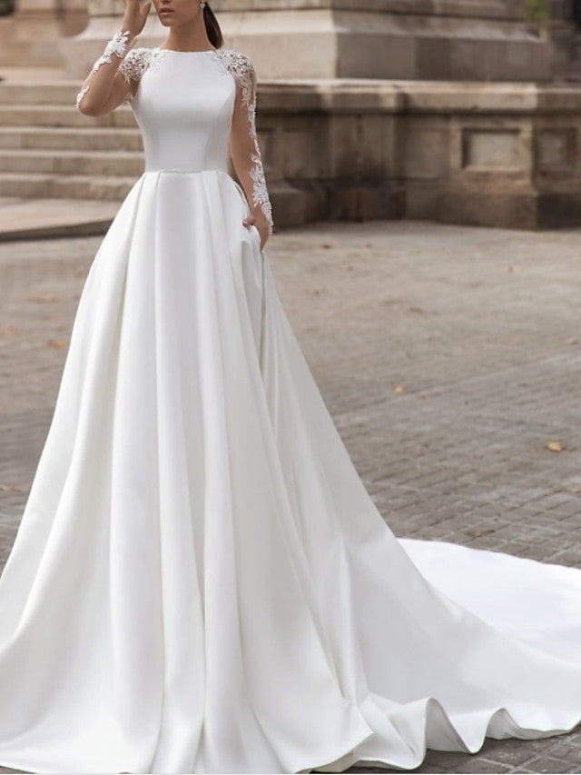 Long Sleeves A-Line Bateau Neck Sweep Brush Train Lace Prom Dresses with Slit