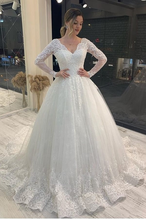 Long Sleeve A-Line V-neck Appliques Lace Backless Tulle Wedding Dress ...