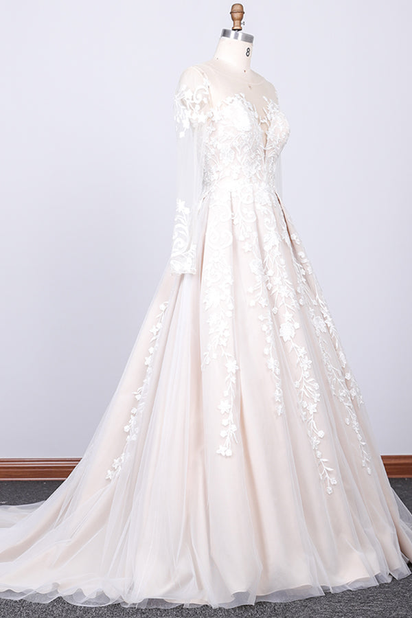 Charger l&amp;#39;image dans la galerie, Long Sleeve Appliques Lace Tulle A-line Wedding Dress-BIZTUNNEL
