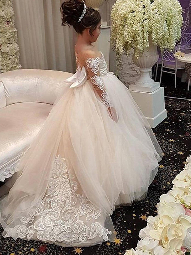 Long Sleeve Ball Gown Court Train Off the Shoulder Wedding Flower Girl Dresses-BIZTUNNEL
