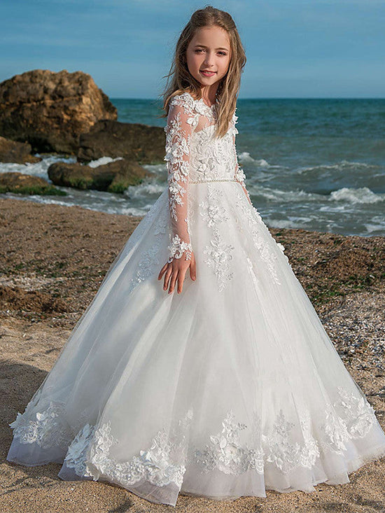 Long Sleeve Ball Gown Jewel Neck Lace Tulle Wedding Party Flower Girl Dresses-BIZTUNNEL