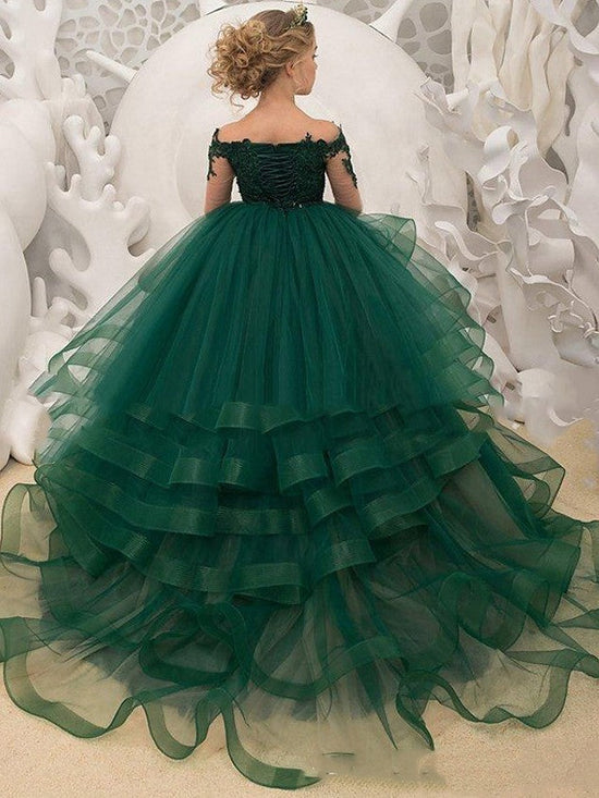 Laden Sie das Bild in den Galerie-Viewer, Long Sleeve Ball Gown Tulle Lace Sweep Brush Train Wedding Party Flower Girl Dresses-BIZTUNNEL
