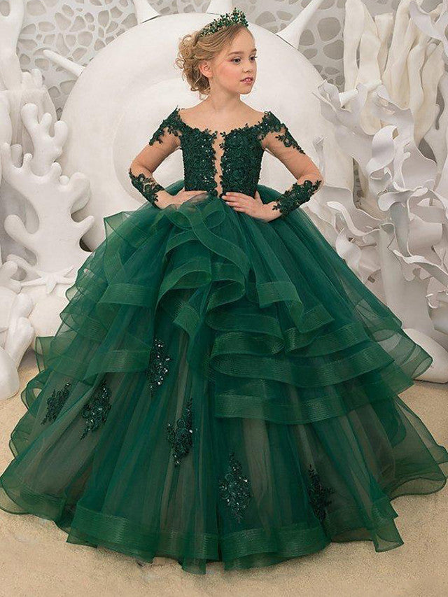 Laden Sie das Bild in den Galerie-Viewer, Long Sleeve Ball Gown Tulle Lace Sweep Brush Train Wedding Party Flower Girl Dresses-BIZTUNNEL
