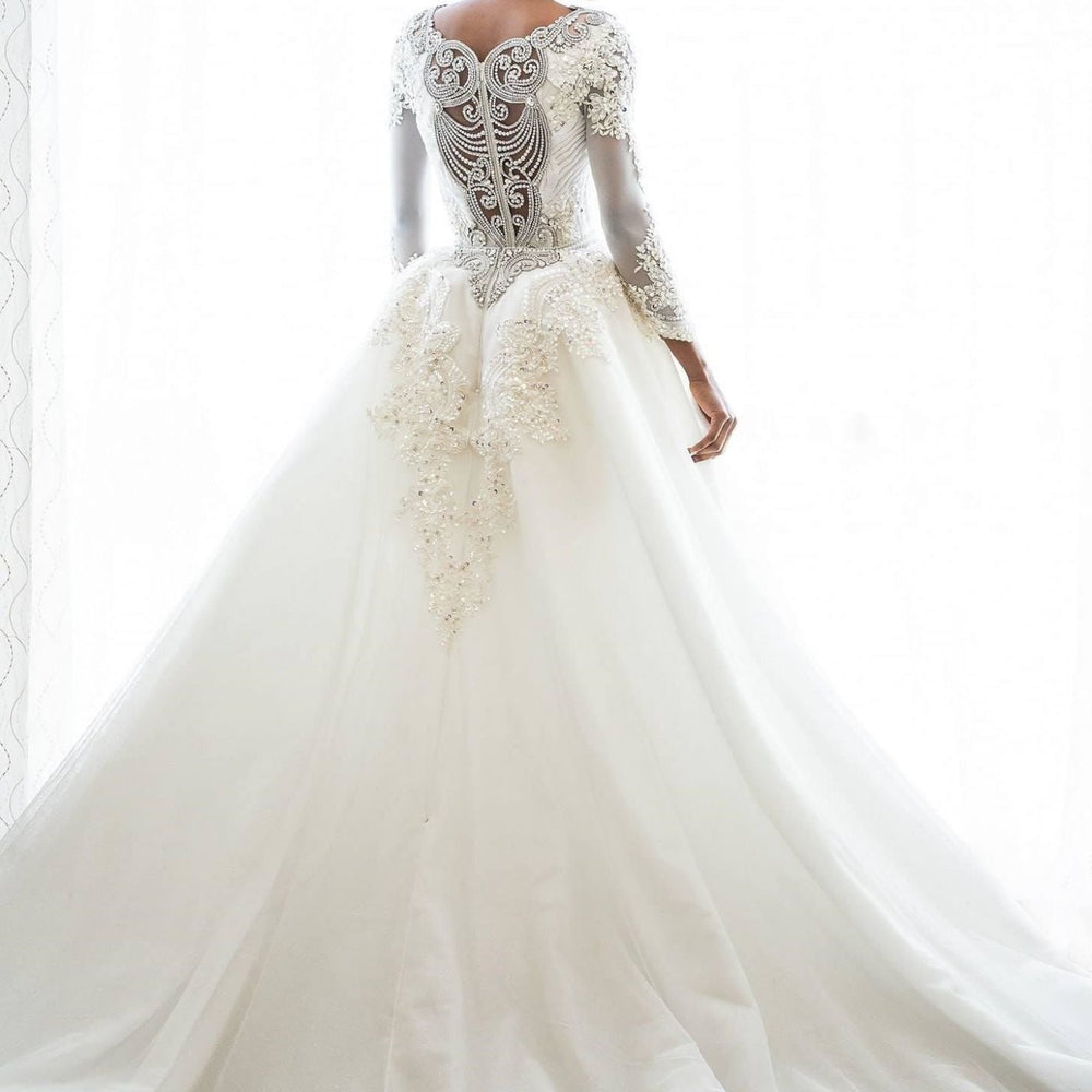
                  
                    Long Sleeve Mermaid Beads Lace Appliques Wedding Dresses with Overskirt-BIZTUNNEL
                  
                