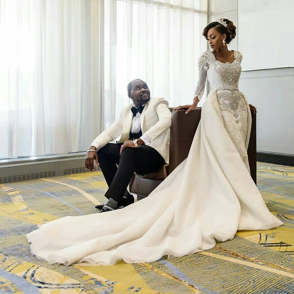 
                  
                    Long Sleeve Mermaid Beads Lace Appliques Wedding Dresses with Overskirt-BIZTUNNEL
                  
                