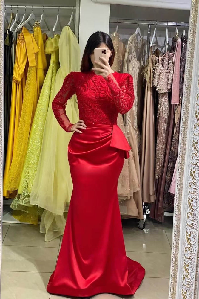 Long Mermaid Satin Lace Formal Prom Dress with Sleeves – BIZTUNNEL