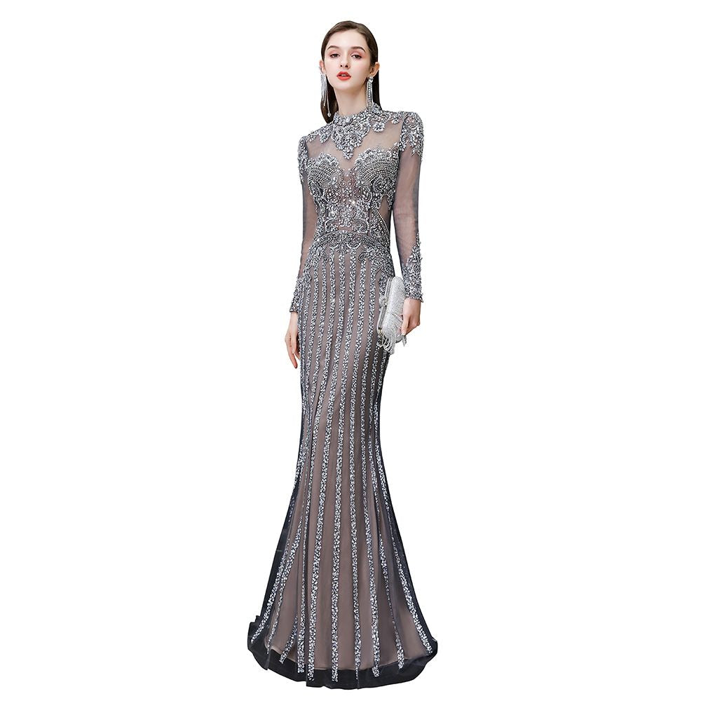 Plus Sequined High-Neck Long-Sleeve Mermaid Gown with Satin Drapes & Tail main image 0
