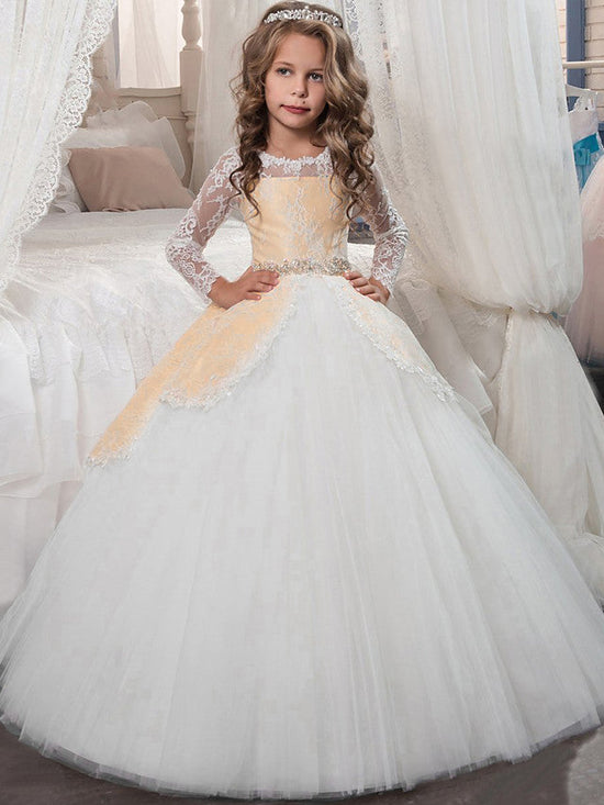 Long Sleeve Princess Tulle Jewel Neck Christmas Birthday First Communion Flower Girl Dresses-BIZTUNNEL