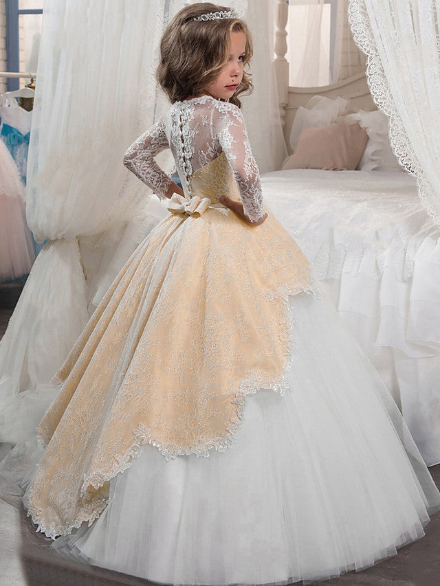 Long Sleeve Princess Tulle Jewel Neck Christmas Birthday First Communion Flower Girl Dresses-BIZTUNNEL