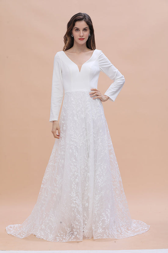 Long Sleeve V-neck Boho Bridal Gowns Satin Backless Lace Wedding Dress-BIZTUNNEL