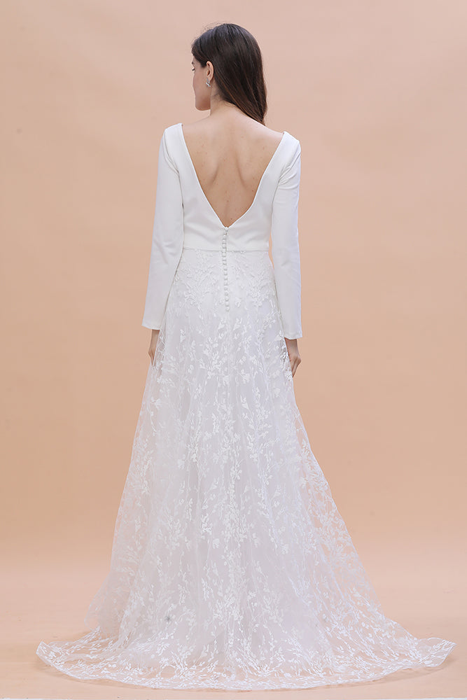 Long Sleeve V-neck Boho Bridal Gowns Satin Backless Lace Wedding Dress-BIZTUNNEL