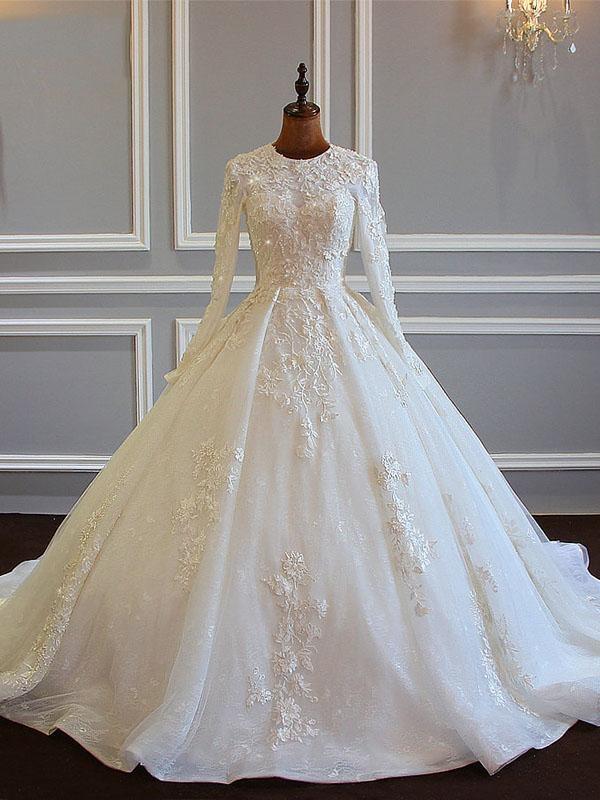 Long Sleeved Ball Gown Satin Wedding Dresses With Lace Flowers-BIZTUNNEL