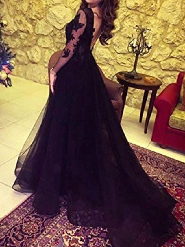 
                  
                    Long Sleeves A-Line Bateau Neck Sweep Brush Train Lace Prom Dresses with Slit-BIZTUNNEL
                  
                