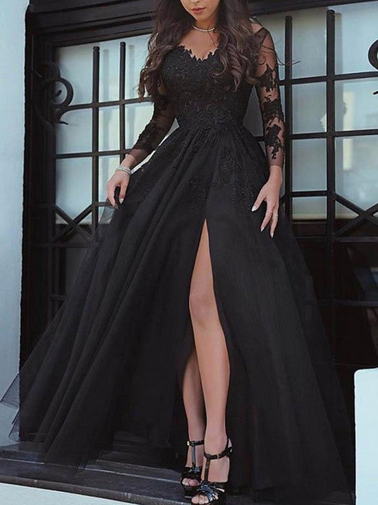 Long Sleeves A-Line Bateau Neck Sweep Brush Train Lace Prom Dresses with Slit-BIZTUNNEL