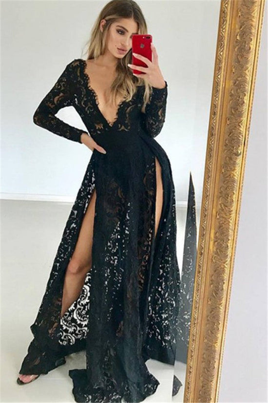 Long Sleeves A-line Deep V-neck Black Lace Prom Dress with Slit-BIZTUNNEL