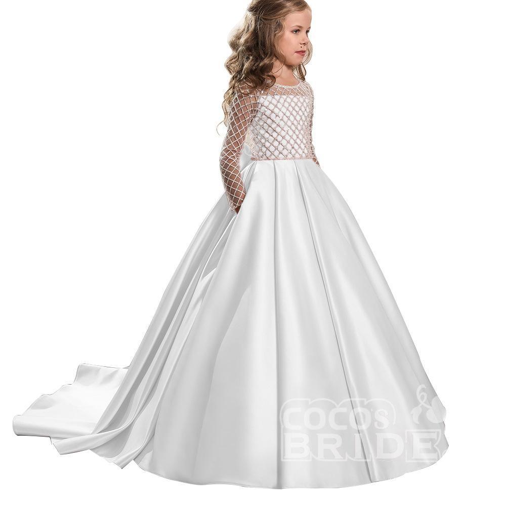 Long Sleeves Ball Gown Satin Scoop Neck Flower Girl Dresses with Pockets-BIZTUNNEL