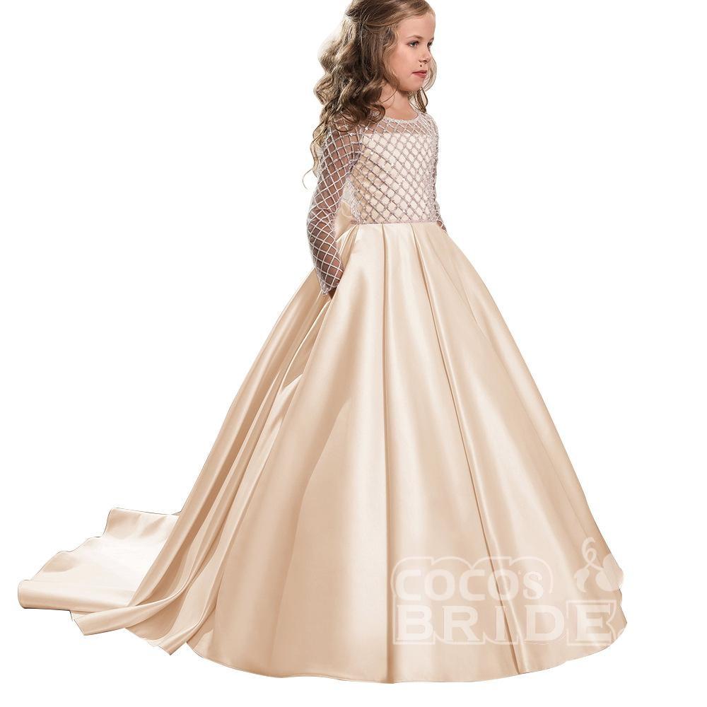 Long Sleeves Ball Gown Satin Scoop Neck Flower Girl Dresses with Pockets-BIZTUNNEL