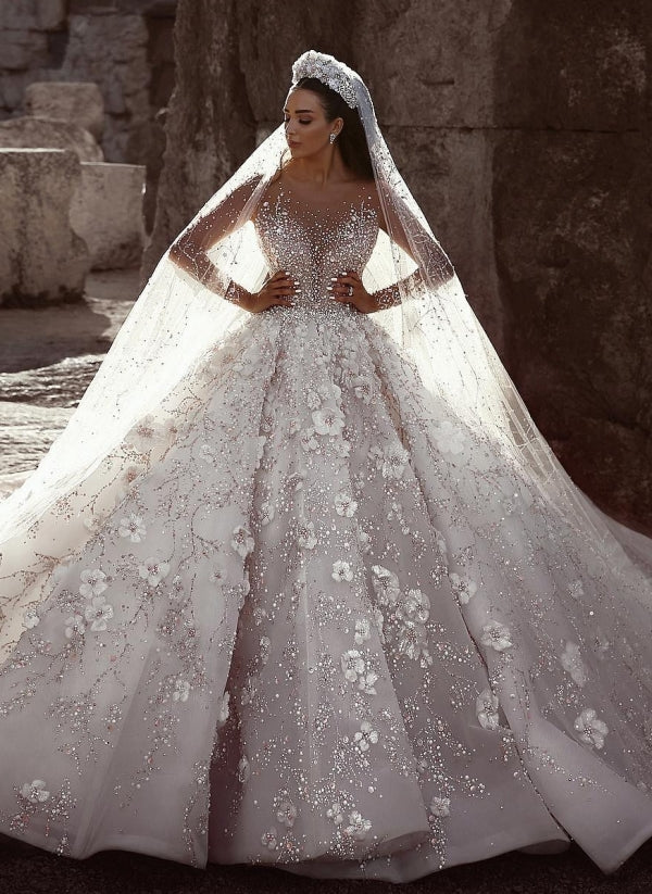Long Sleeves Ball Gown Sweetheart Beading Floral Lace Wedding Dresses-BIZTUNNEL