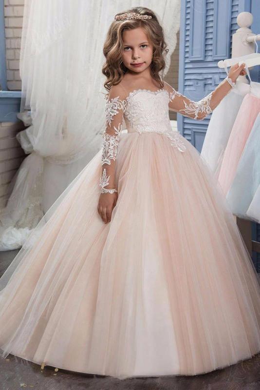 Long Sleeves Ball Gown Tulle Lace Scoop Neck Flower Girl Dresses-BIZTUNNEL