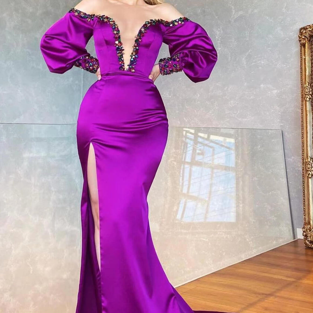 Royal Orchid V-Neck Mermaid Prom Gown with Off-The-Shoulder Sleeves and Dazzling Beadwork