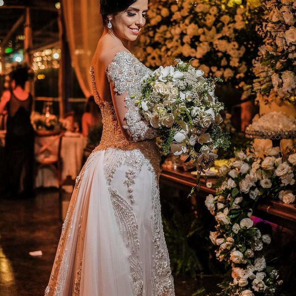 
                  
                    Long Sleeves Mermaid Off-the-shoulder Tulle Wedding Dress with Appliques Lace-BIZTUNNEL
                  
                