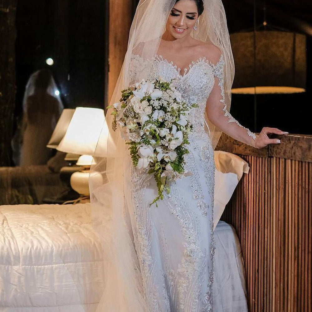 
                  
                    Long Sleeves Mermaid Off-the-shoulder Tulle Wedding Dress with Appliques Lace-BIZTUNNEL
                  
                