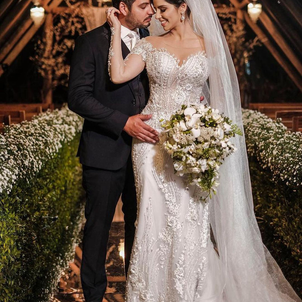 
                  
                    Long Sleeves Mermaid Off-the-shoulder Tulle Wedding Dress with Appliques Lace-BIZTUNNEL
                  
                