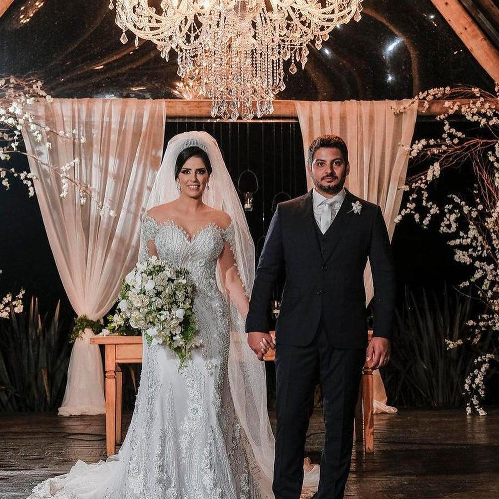 
                  
                    Long Sleeves Mermaid Off-the-shoulder Tulle Wedding Dress with Appliques Lace-BIZTUNNEL
                  
                