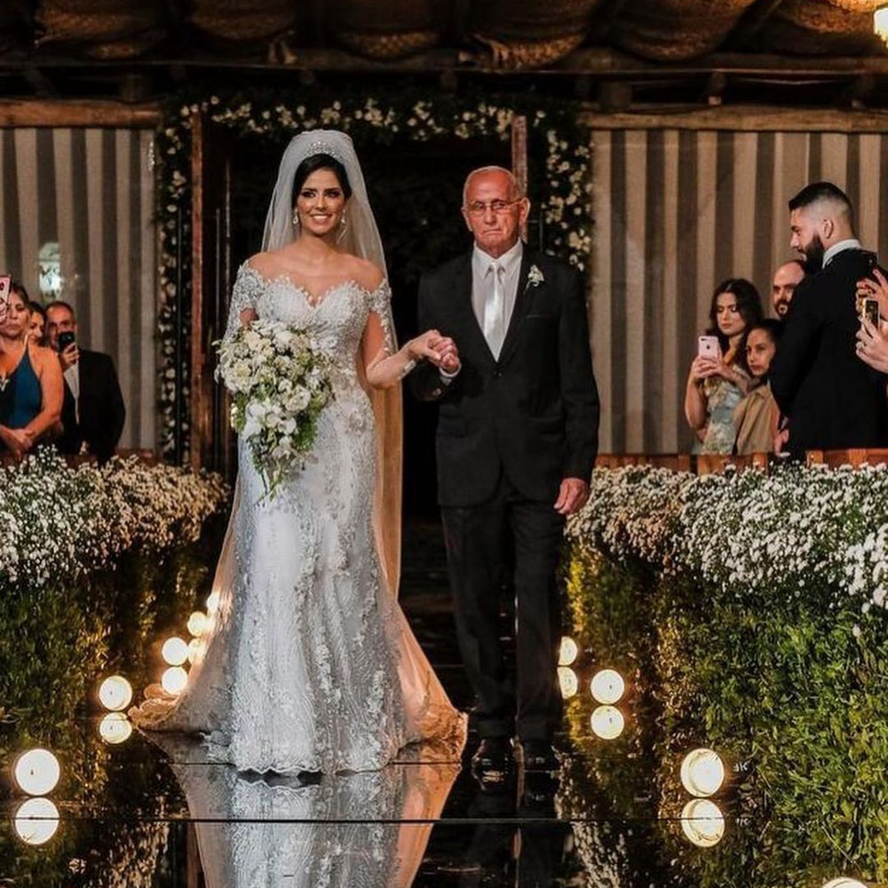 
                  
                    Long Sleeves Mermaid Off-the-shoulder Tulle Wedding Dress with Appliques Lace-BIZTUNNEL
                  
                