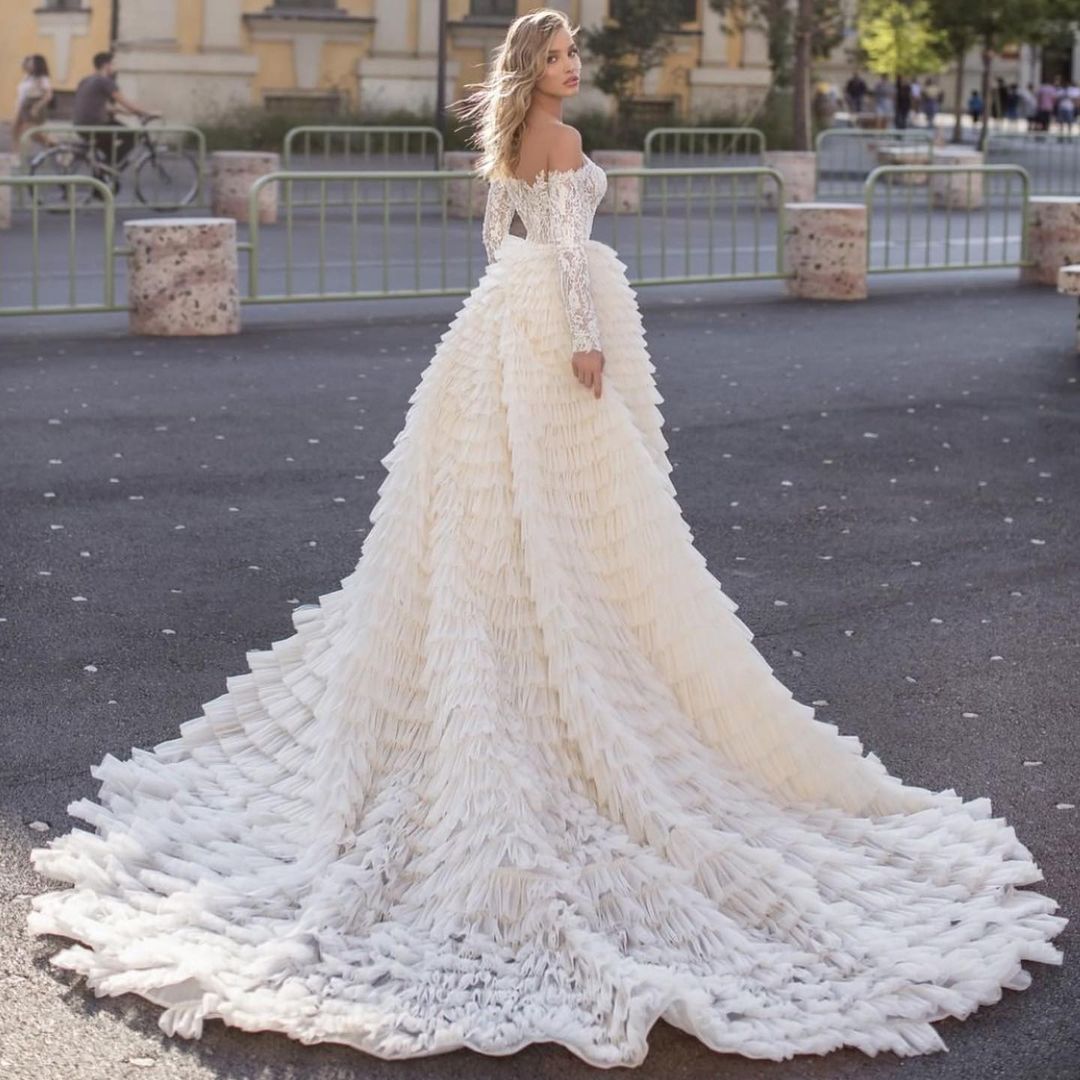 Long Sleeves Off the Shoulder Mermaid Wedding Dress With Train-BIZTUNNEL