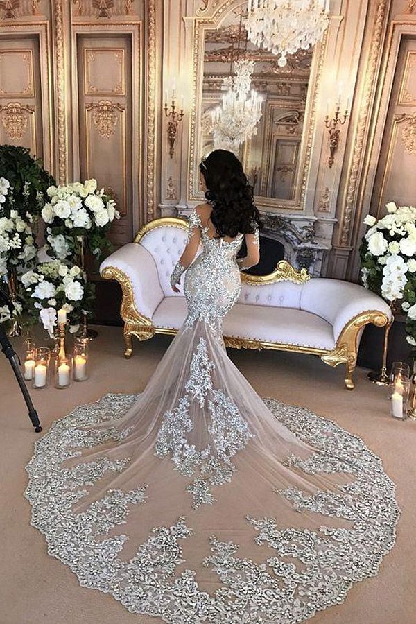Long Sleeves Tulle High Neck Appliques Lace Wedding Dresses with Detachable Overskirt-BIZTUNNEL