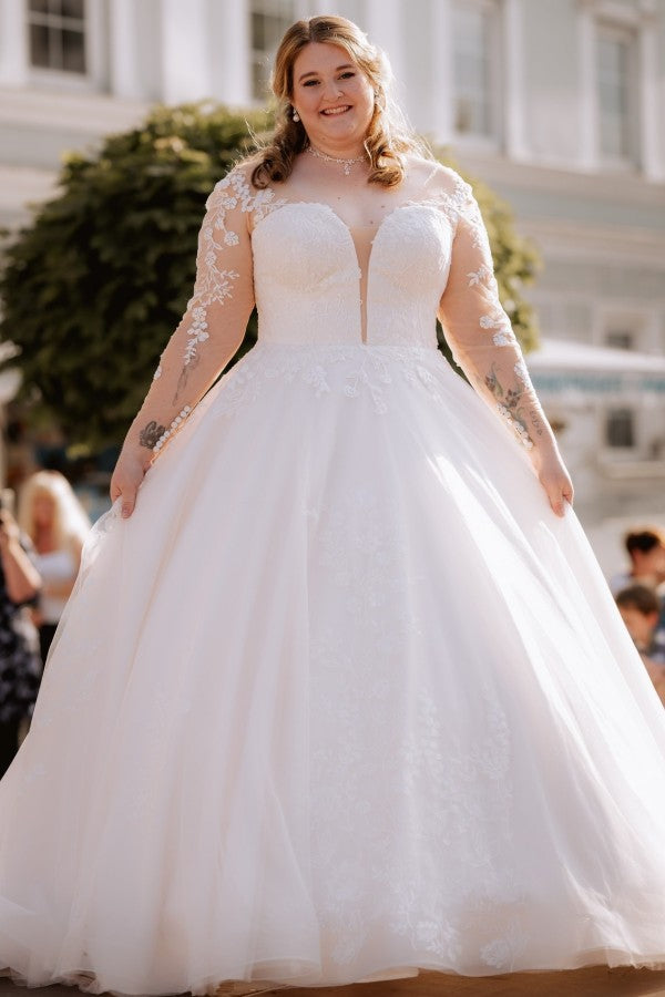 Biztunnel Long Sleeves V-neck Plus Size Ball Gown Wedding Dresses